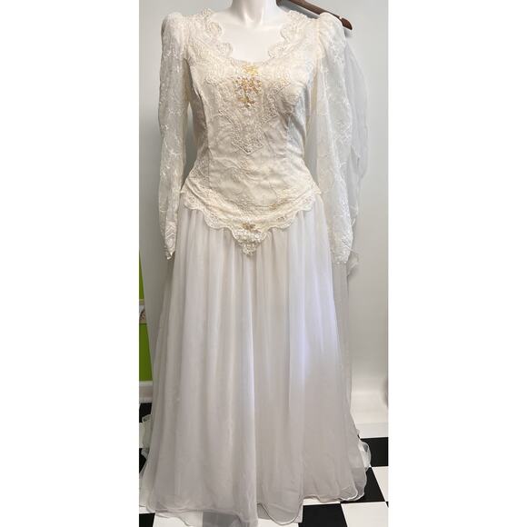 Vintage 90s Wedding Gown Dress Lace Chiffon Beaded Sequin Elegant V- Neck Sz 18 - Picture 3 of 16